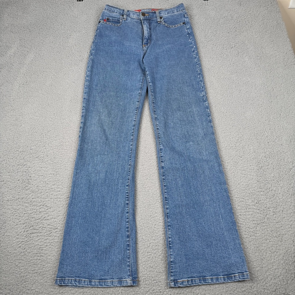 NYDJ Tummy Tuck Jeans Womens 2 Blue Rhinestone Studded Flare Boot 450LR Y2K USA